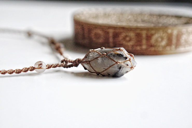 Tourmilinated Quartz Macrame Necklace