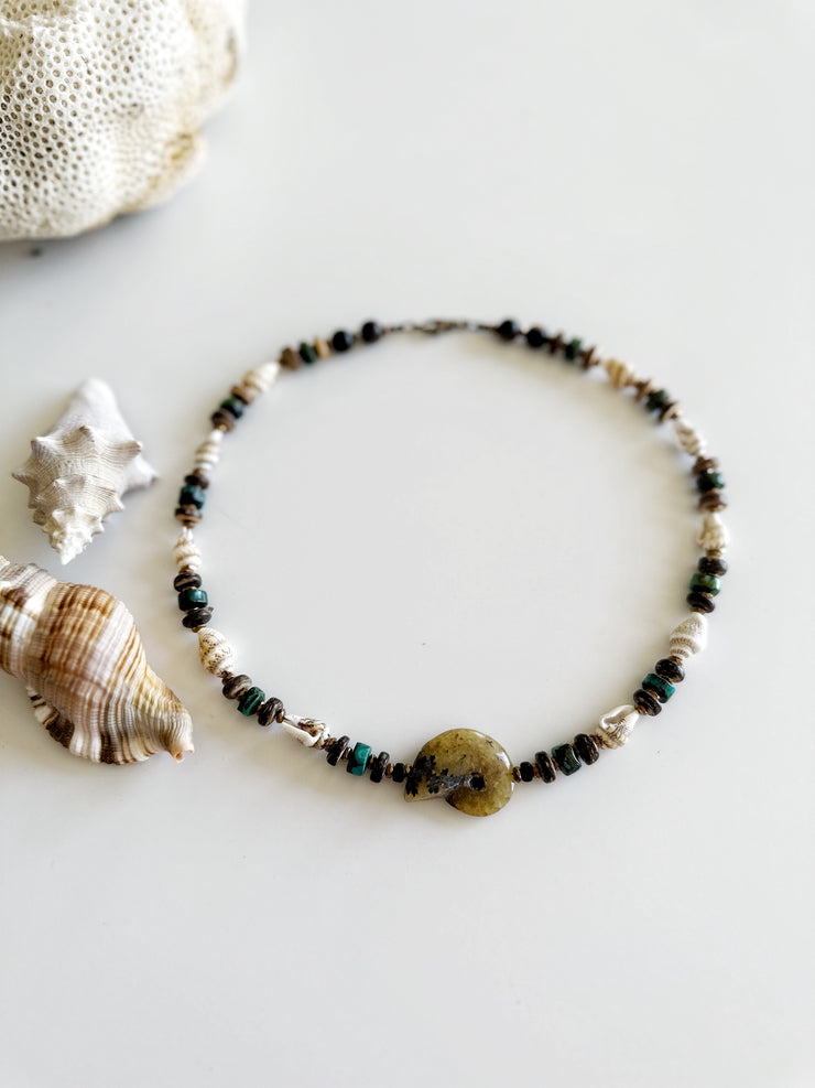 Fossilized Shell, Natural Seashell and Turquoise Necklace