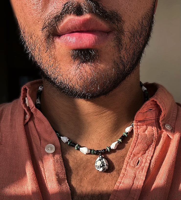 White Mosaic Turquoise and Shell Necklace