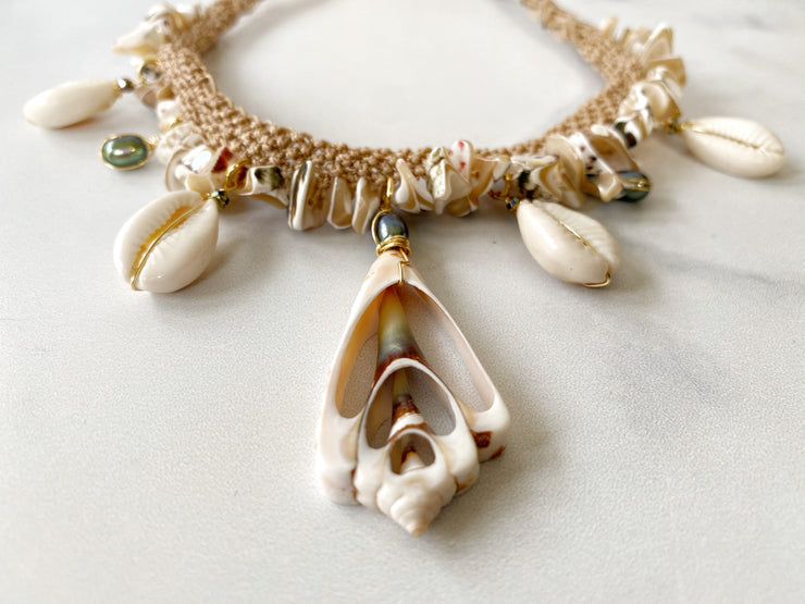 Conch Cowrie and Fresh Water Pearl Macrame Necklace