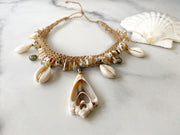 Conch Cowrie and Fresh Water Pearl Macrame Necklace