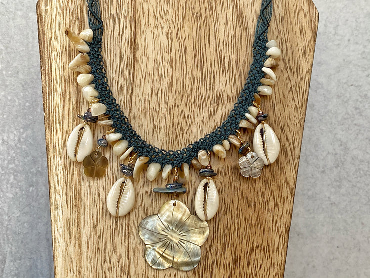 Black Lip Shell And Cowrie Macrame Necklace