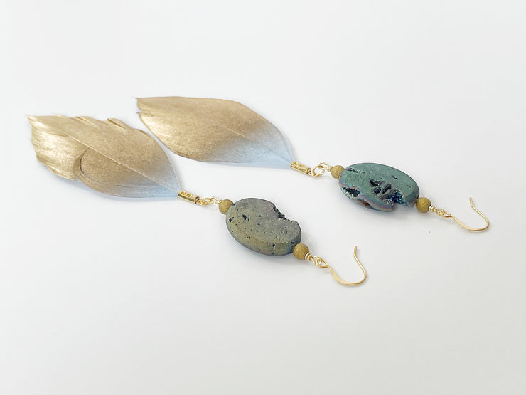 Boho Raw Druzy and Feather Earrings