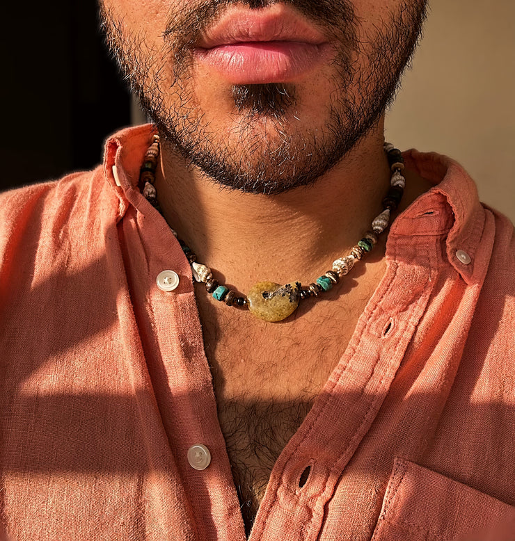 Fossilized Shell, Natural Seashell and Turquoise Necklace