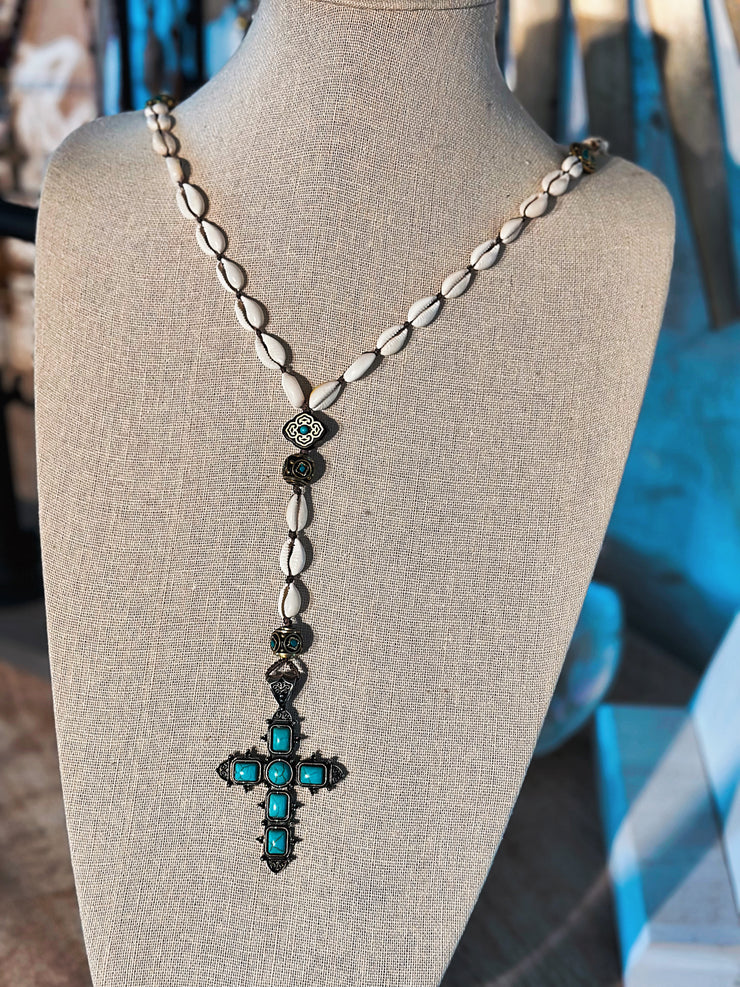 Hand Knotted Cowrie and Turquoise Cross Necklace