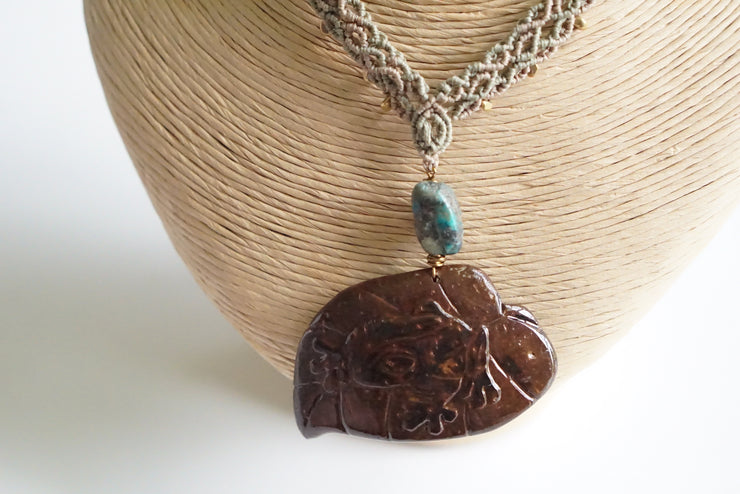 Hand Carved Coqui Coconut Macrame Necklace