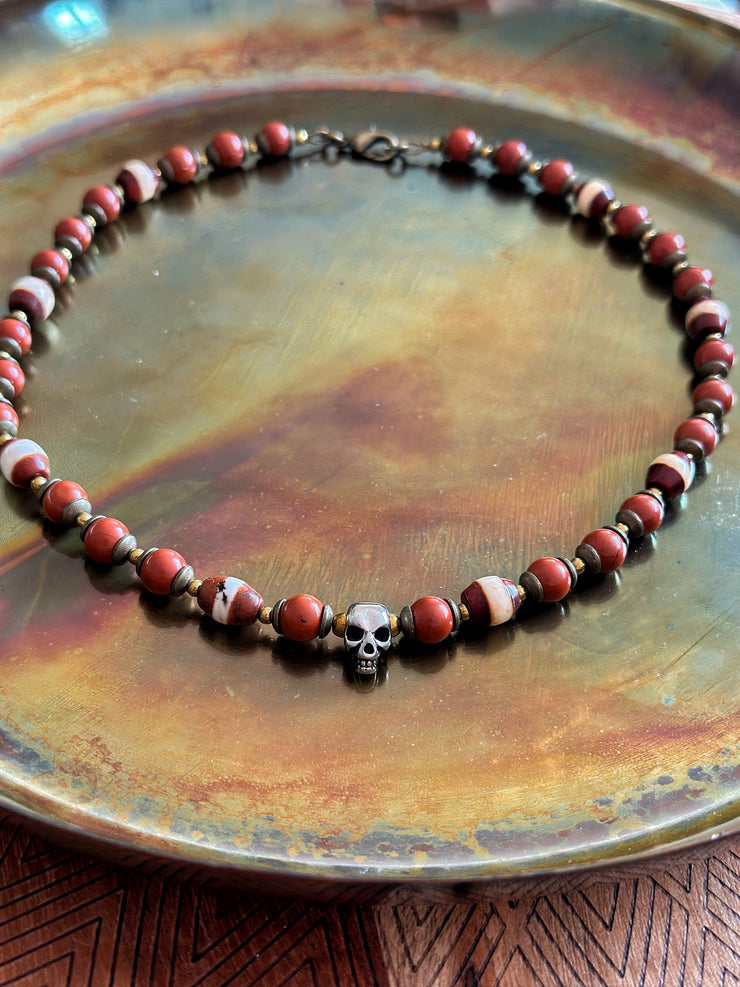 Skull Necklace with Red Jasper and Red Agate