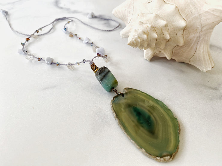 Sea Glass Crystal and Agate Pendant