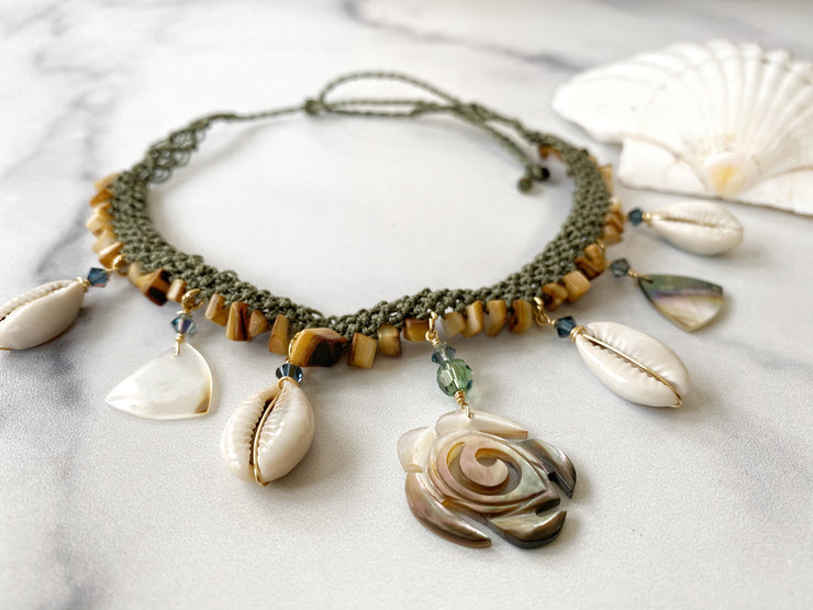 Abalone Sea Turtle and Cowrie Macrame Necklace