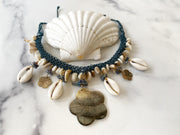 Black Lip Shell And Cowrie Macrame Necklace