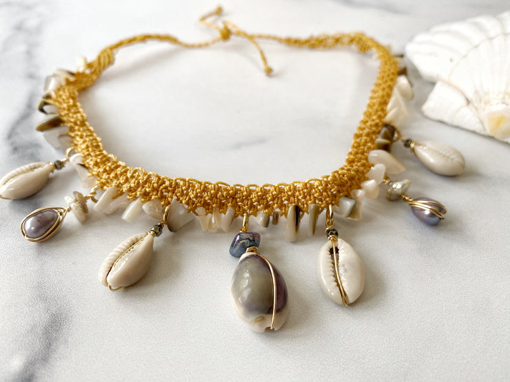 Cowrie and Shell Macrame Necklace