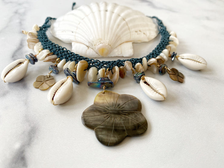 Black Lip Shell And Cowrie Macrame Necklace