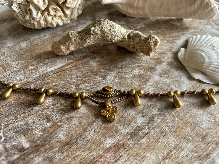 Tigers Eye and Brass Macrame Anklet