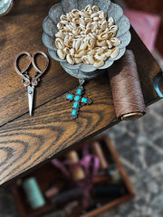 Hand Knotted Cowrie and Turquoise Cross Necklace