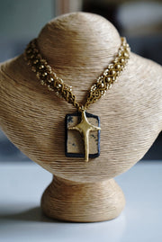 Natural Stone Brass Cross Macrame Necklace