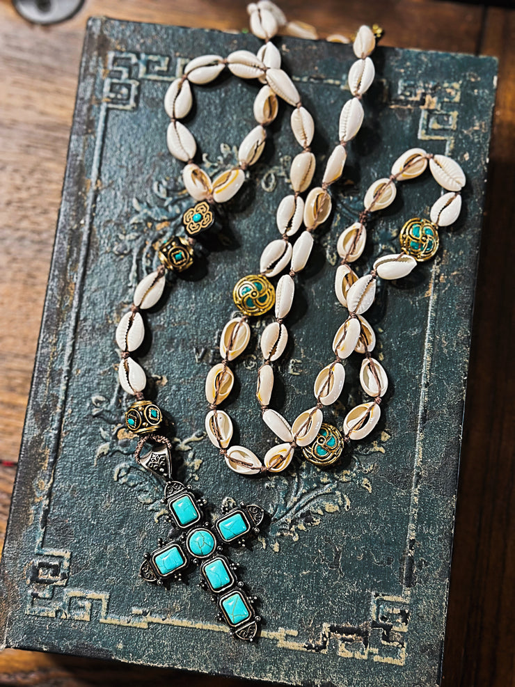 Hand Knotted Cowrie and Turquoise Cross Necklace