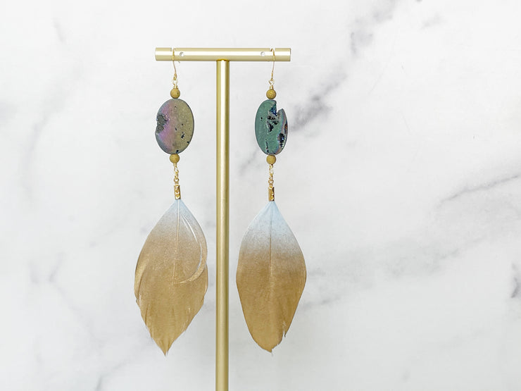 Boho Raw Druzy and Feather Earrings