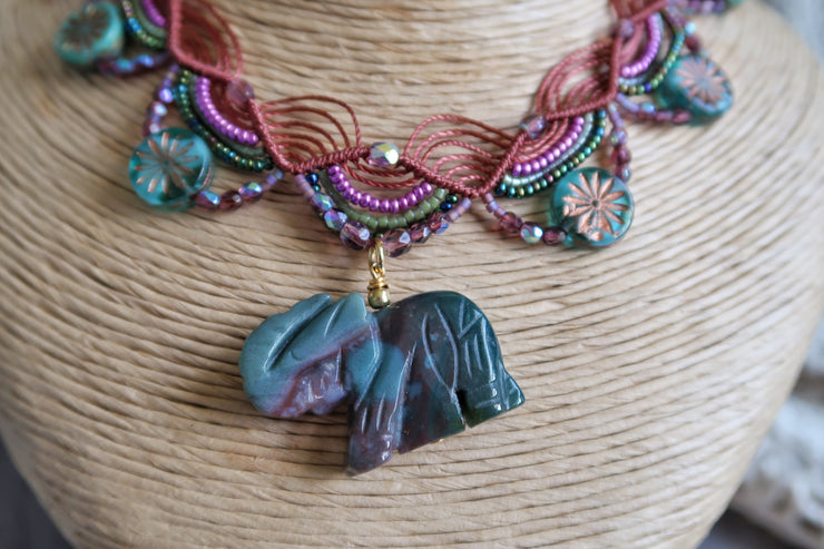 Beaded Boho Elephant Macrame Choker