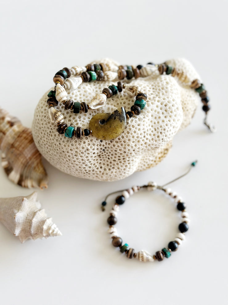 Fossilized Shell, Natural Seashell and Turquoise Necklace