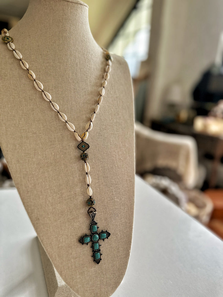 Hand Knotted Cowrie and Turquoise Cross Necklace