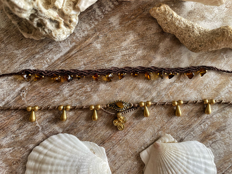 Tigers Eye and Brass Macrame Anklet